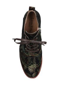 Chaussure noire à lacets avec un motif floral, dotée de lacets marron, présentant une semelle en caoutchouc et un détail de zip métallique sur le côté. Logo de la marque visible à l'intérieur.