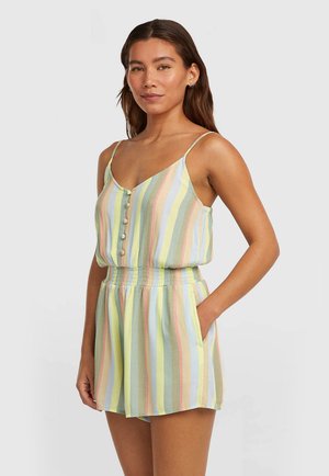 Triibuline kombekas pastelltoonides (roheline, roosa, sinine) lõdva lõikega, spagetirihmadega, ees nööbitav ja elastse vööümbrusega.