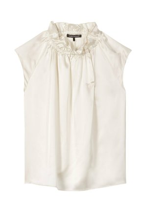 Cream silk sleeveless blouse with ruffled high neckline and subtle gathered detailing around the collar.