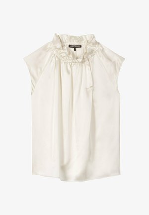 Cream silk sleeveless blouse with ruffled high neckline and subtle gathered detailing around the collar.