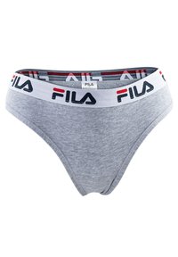Grijze katoenen slip met een witte elastische tailleband met rode en zwarte strepen, versierd met het Fila-logo.