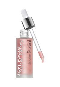 Klarer Glasbehälter mit matter Oberfläche. Enthält eine rosa Flüssigkeit. Verfügt über einen silbernen Tropfverschluss und ein weißes Etikett.