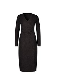 Schwarzes, langärmliges Wickelkleid aus einem strukturierten Stoff mit subtilen Schimmer. Knielanges Design mit V-Ausschnitt und gerafftem Akzent in der Taille.
