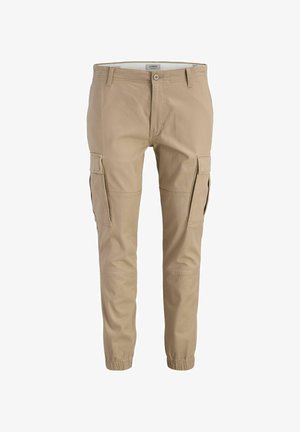 Beežid cargo-püksid, millel on lukk ja nööp, küljetaskud klapi ja nööpidega, vööaasad ning elastsed kummid pahkluude piirkonnas, valgel taustal.