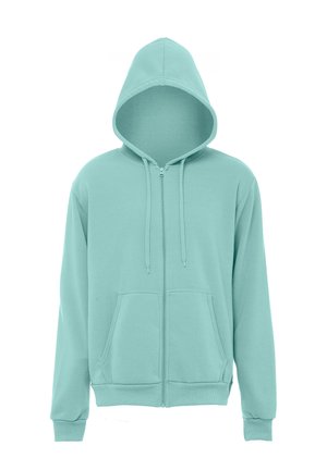 Hellblauer Kapuzenpullover mit Reißverschluss, Fronttaschen, Kordelzug an der Kapuze sowie gerippten Bündchen und Saum, auf weißem Hintergrund gezeigt.