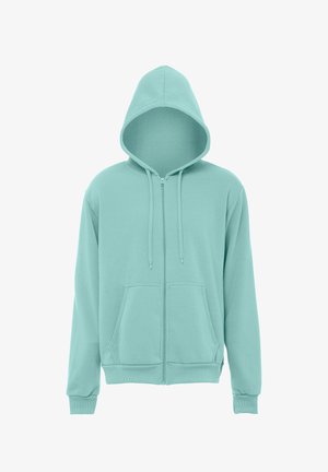 Felpa con cappuccio azzurro chiaro con zip, tasche frontali, cappuccio con coulisse e polsini e orlo a costine, mostrata su sfondo bianco semplice.
