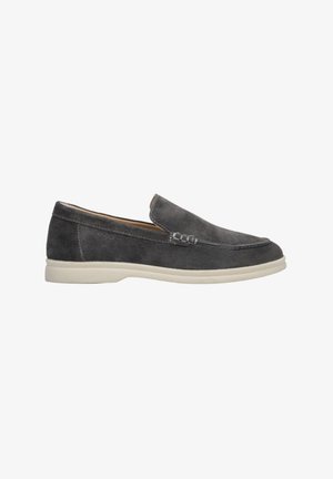 Gray suede slip-on shoe with a smooth texture, light-colored rubber sole, and decorative stitching across the upper. No visible laces.