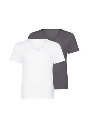 Zwei schlichte V-Ausschnitt Kurzarm-T-Shirts, eines vorne weiß und eines hinten dunkelgrau, auf weißem Hintergrund dargestellt.