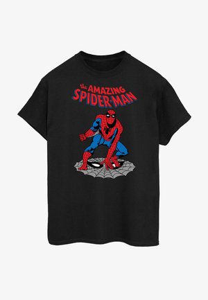 Zwarte T-shirt met een cartoon Spider-Man in rood en blauw, met bovenaan de tekst "The Amazing Spider-Man" in rode en blauwe letters.