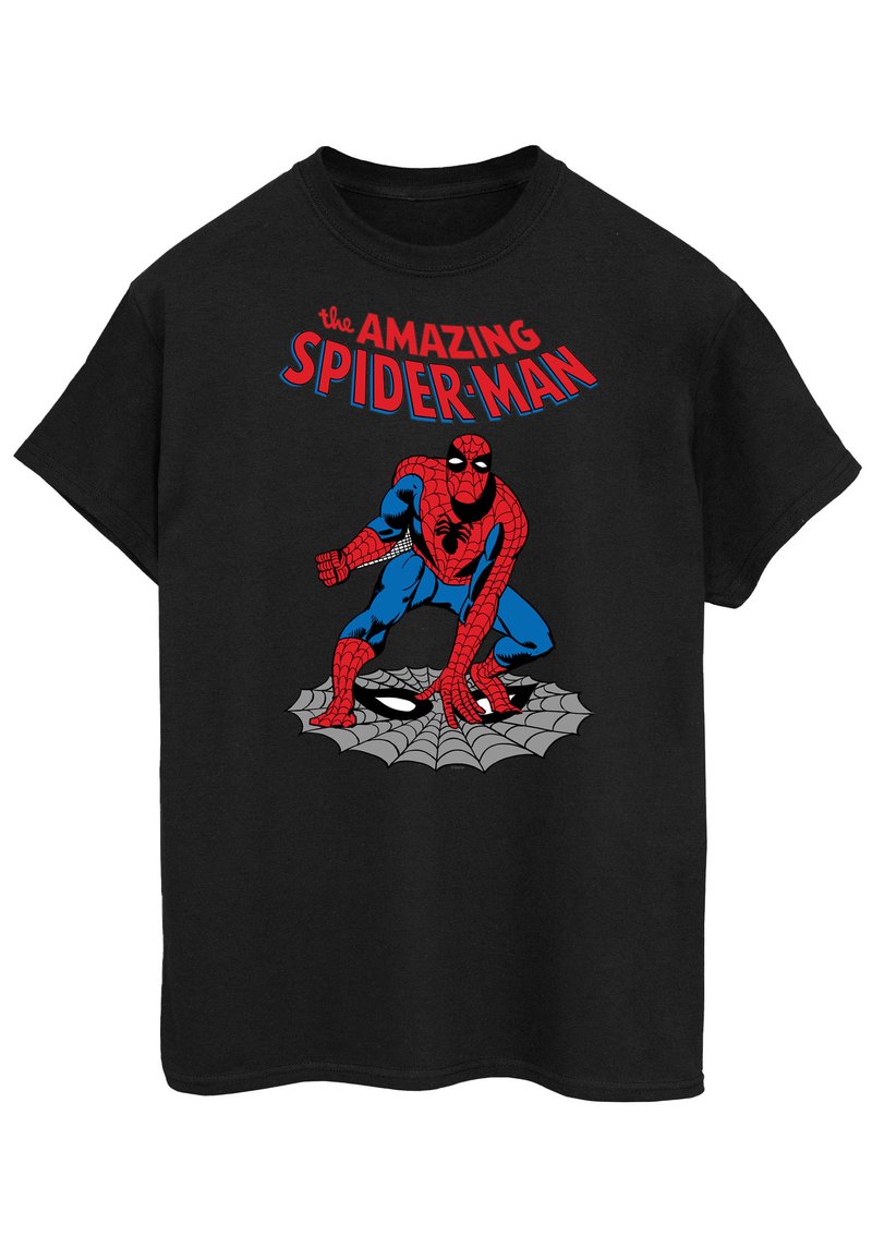 Camiseta negra con un Spider-Man de dibujos animados en rojo y azul, con el texto "El Hombre Araña Asombroso" arriba en letras rojas y azules.