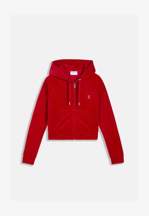 Red hooded zip-up jacket made of soft material with front pockets and a small logo detail on the left side. Cropped design with long sleeves.