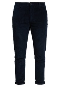 Námořnické kordové kalhoty s úzkým střihem, vybavené knoflíkovým zapínáním, bočními kapsami a obrácenými lemy pro upravený vzhled.