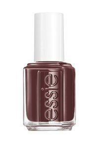 Flacon de vernis à ongles Essie de couleur bordeaux foncé et brillant. Conteneur en verre carré avec un couvercle cylindrique blanc, présentant un texte de marque en relief.