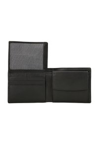 Black leather wallet with a textured, striped interior. Features multiple card slots, a side pocket, and a discreet snap closure.