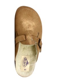 Bruine glitterslip-on schoen met twee verstelbare banden, zachte witte voering en een maatlabel '38' aan de binnenkant. Plat zoolontwerp.