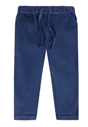 Pantalon en velours côtelé bleu marine avec une taille élastique, un cordon de serrage et des poches latérales, présentant une texture à côtes verticales et des jambes fuselées.