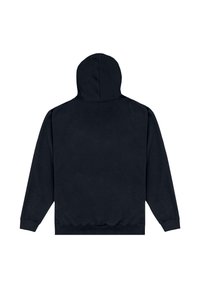 Donkerblauwe hoodie met lange mouwen, ribgebreide manchetten en een trekkoordkap. Zachte stof met een gladde textuur. Achteraanzicht weergegeven.