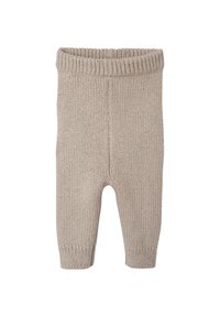 Beige gestrickte Babypants mit einem gerippten Bund und Bündchen. Sie haben eine glatte Textur und eine enganliegende Passform für zusätzlichen Komfort.