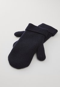 Manoplas de punto en color navy con textura acanalada, que presentan un puño doblado y puntas redondeadas. Material suave adecuado para clima frío.