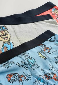 Zēnu apakšveļas komplekts, kas sastāv no trim pāriem: pelēks, sarkans un zils. Katram ir melna elastīga josta, savukārt zilajiem ir multfilmu suņa prints.