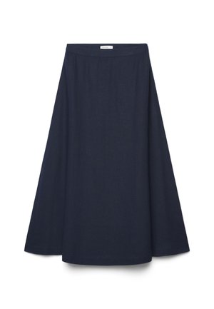 Marineblauer A-Linien-Midirock mit schmalem Bund und leicht ausgestelltem Saum, gefertigt aus glattem Stoff.