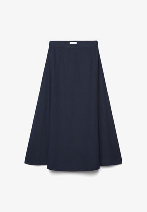 Marineblauer A-Linien-Midirock mit schmalem Bund und leicht ausgestelltem Saum, gefertigt aus glattem Stoff.