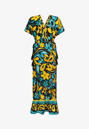 Maxi kjole med V-hals, sort base, livlig gul og turkis blomster mønster, korte ærmer, indsnævret talje og flagrende kant.