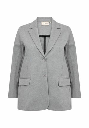 Grijze blazer van zacht materiaal, met een klassieke revers, twee voorzakken en twee knopen. Eenvoudig, gestructureerd ontwerp.