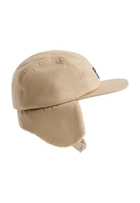 Beige Kappe mit flachem Schirm, gefütterten Ohrenklappen und weicher Textur. Mit kleinem Logo an der Seite und verstellbarem Riemen auf der Rückseite.