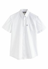 Korte mouwen witte shirt, met een knoopsluiting, voorzien van een borstzak en een subtiele textuur. Heeft een klassieke kraag en een rechte zoom.