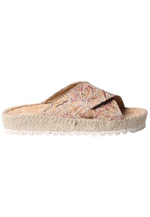 Sandale à plateforme beige avec semelle en jute tressée et brides croisées ornées de motifs floraux brodés rose et blanc.