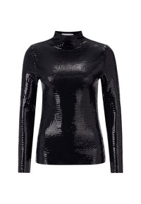 Maglia nera a maniche lunghe realizzata in materiale paillettes, con collo alto e design aderente, caratterizzata da una texture lucida e un motivo a griglia.