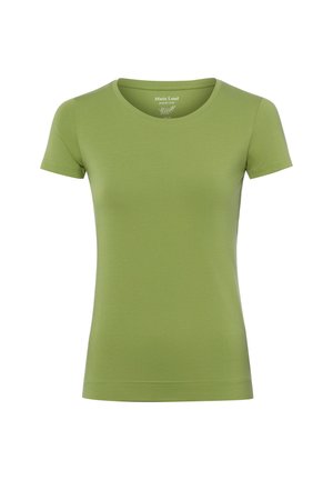 T-shirt femme ajusté à manches courtes couleur vert olive avec encolure ronde et ourlet sans couture aux manches et au bas.