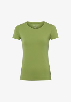 Olivgrünes, tailliertes Damen-T-Shirt mit kurzen Ärmeln, Rundhalsausschnitt und nahtlosem Saum an Ärmeln und Saum.