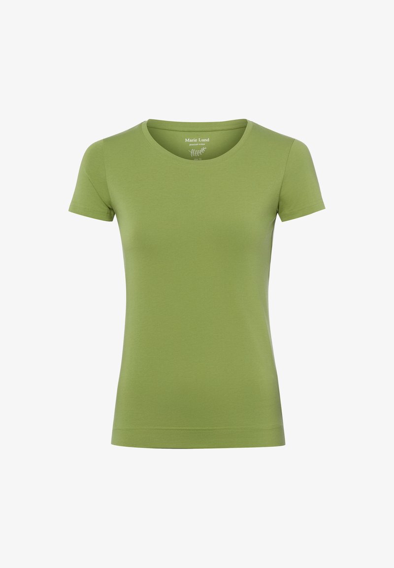 T-shirt femme ajusté à manches courtes couleur vert olive avec encolure ronde et ourlet sans couture aux manches et au bas.