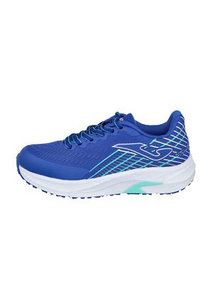 Zapatilla de correr azul con parte superior de malla, mediasuela blanca y acentos turquesa. Presenta un patrón de franjas diagonales y cordones planos para un ajuste seguro.