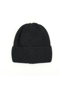 Black ribbed knit beanie hat with a folded cuff, featuring a soft texture and a snug fit. Ideal for cold weather protection.
