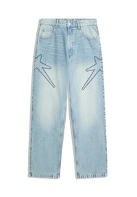 Light blue denim jeans with a straight cut, featuring large star-shaped designs in darker blue on the front, and a traditional five-pocket style.