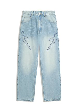 Light blue denim jeans with a straight cut, featuring large star-shaped designs in darker blue on the front, and a traditional five-pocket style.