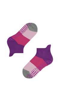 Chaussettes de cheville colorées avec un mélange de sections violettes, roses et grises. Dotées de points de grip en caoutchouc sur la semelle pour traction. Matériau en mélange de coton.