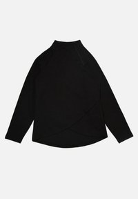 Schwarzes Langarmoberteil mit hohem Kragen und schrägem Reißverschluss. Hat einen asymmetrischen Saum und einen weichen, dehnbaren Stoff.