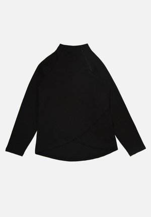 Schwarzes Langarmoberteil mit hohem Kragen und schrägem Reißverschluss. Hat einen asymmetrischen Saum und einen weichen, dehnbaren Stoff.