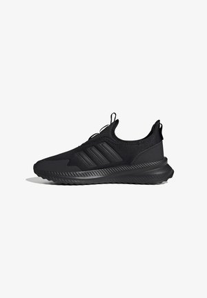 Baskets de sport noires avec tige en mesh, trois rayures sur le côté, semelle rembourrée et tirettes sur la languette et le talon.