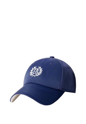 Gorra de béisbol azul marino con letras "FA CO" bordadas en blanco dentro de una corona de laurel en la parte delantera, con costuras visibles y agujeros de ventilación.