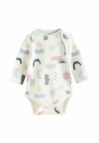 Weißer Langarm-Body mit bunten abstrakten Formen, darunter Sterne, Wolken und Regenbögen in Pink, Blau und Schwarz.