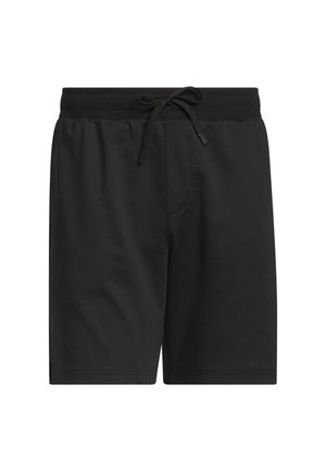 Schwarze Sportshorts aus leichtem Stoff, mit elastischem Bund und Kordelzug sowie seitlichen Taschen.