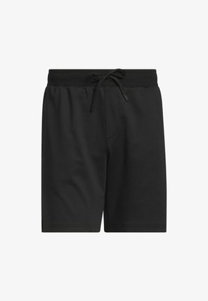 Schwarze Sportshorts aus leichtem Stoff, mit elastischem Bund und Kordelzug sowie seitlichen Taschen.