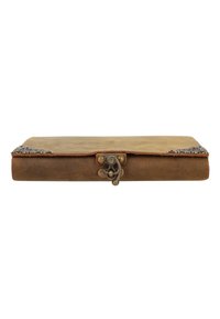 Brown leather box with a smooth surface, ornate metal accents on corners, and a clasp closure. Features a rectangular shape.