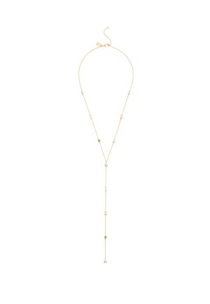 Gold-tone necklace featuring a long chain with irregularly spaced white pearls and decorative accents, forming a Y-shape design.
