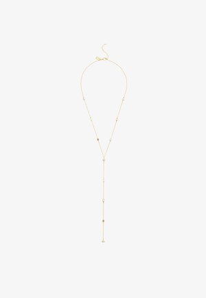 Goldfarbene Halskette mit einer langen Kette, die unregelmäßig verteilte weiße Perlen und dekorative Akzente aufweist und ein Y-förmiges Design bildet.